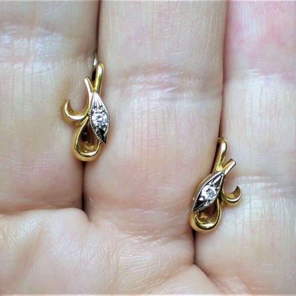 Vintage Soviet USSR Solid 18K 750 Yellow White Gold Diamond EARRINGS - Picture 8 of 8